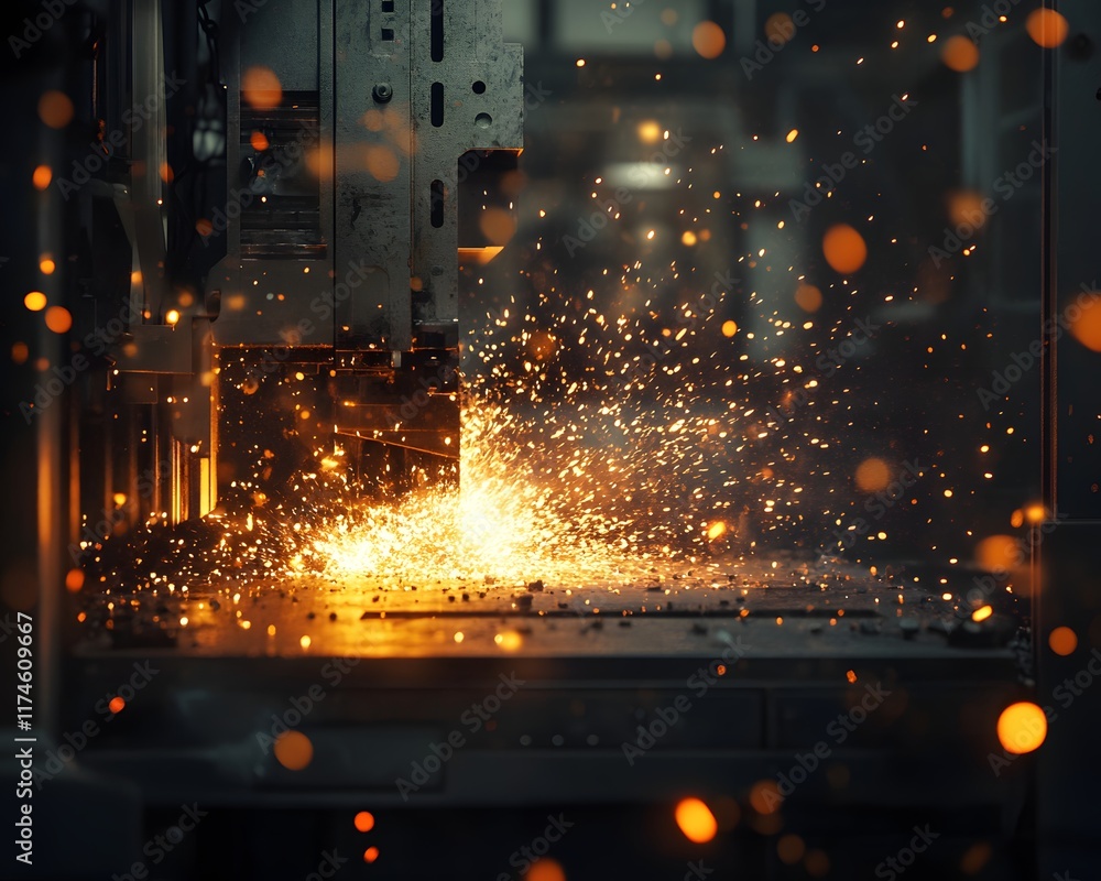 Poster a dynamic close-up of metalworking sparks flying from a machine, showcasing the intricate process of
