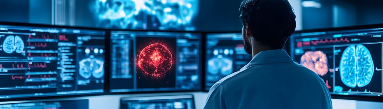 A focused scientist observes multiple screens displaying intricate brain imaging data, showcasing advanced technology in neuroscience research and analysis.