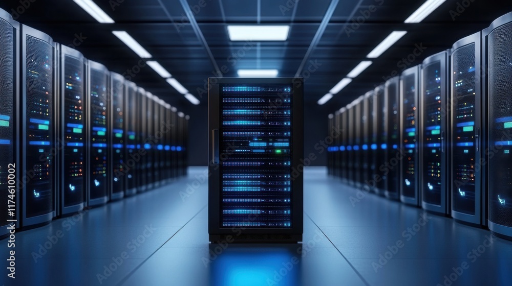 Poster modern data center interior with server racks and advanced technology in a darkened environment
