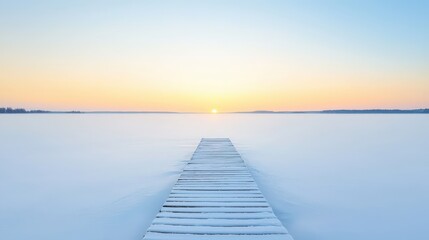 Obraz premium A wooden bridge spans a frozen lake, with the sun setting in the background
