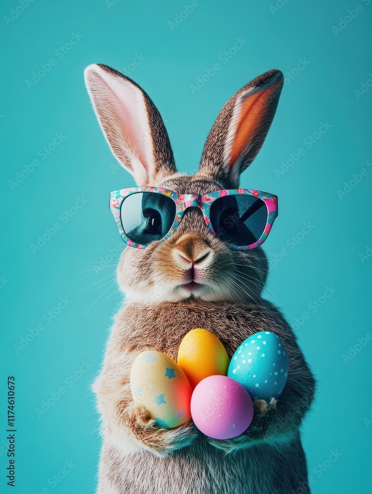 Wall mural An easter bunny rabbit wearing sunnies, shades, sunglasses holding colourful easter eggs against a turquoise isolated background with room for text.