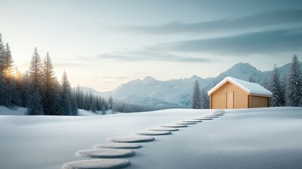 Obraz premium A cabin is in the middle of a snowy field with a path leading to it