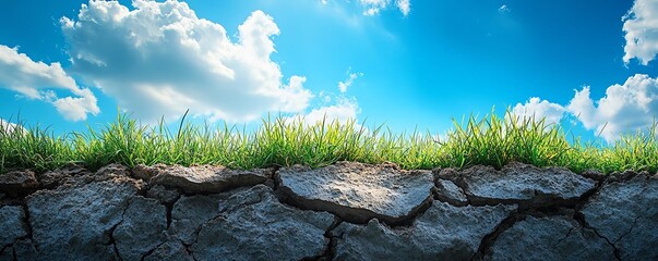 Dry cracked ground with green grass pushing through the cracks, blue sky and fluffy white clouds above, symbolizing environmental resilience and the challenges of drought