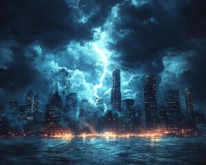 Obraz premium Electric thunderstorm over a city skyline, lightning illuminating tall buildings, rain falling heavily, dark clouds and city lights creating a dramatic, mysterious atmosphere
