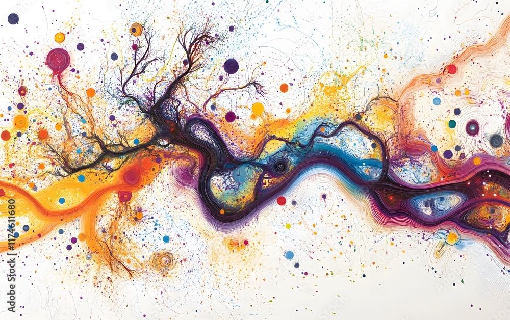 Poster a vibrant abstract illustration showcasing colorful splashes and intricate lines, representing creat