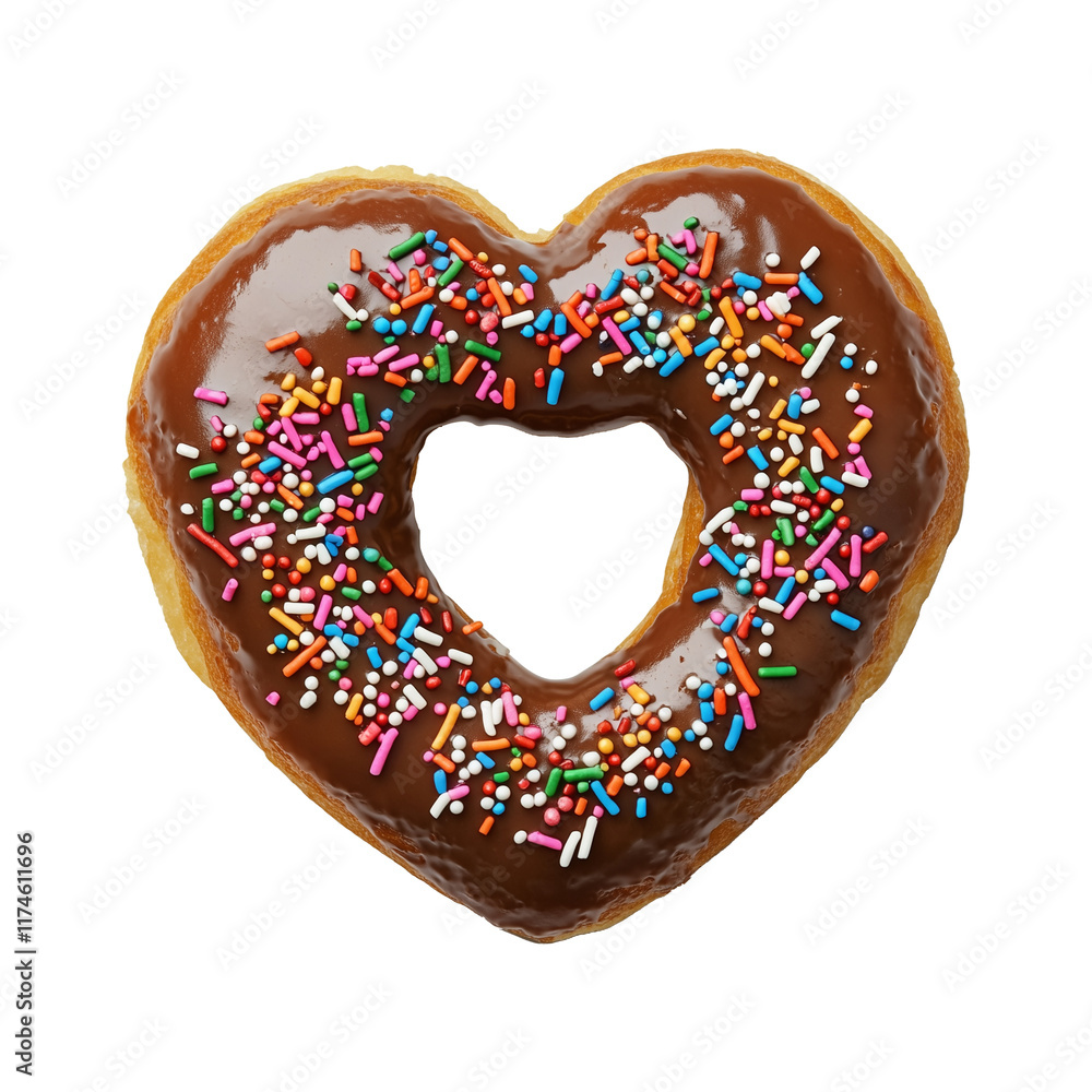 Poster heart shaped donut with chocolate glaze and colorful sprinkles, isolated on transparency background,
