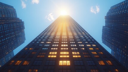 Tall skyscraper illuminated at sunset city view.