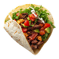 heart shaped taco filled with grilled beef, fresh vegetables, avocado, and drizzle of creamy sauce, presented on soft tortilla