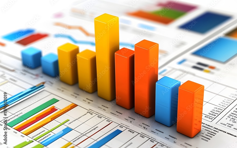 Poster a vibrant bar graph representing statistical data, surrounded by colorful charts and reports