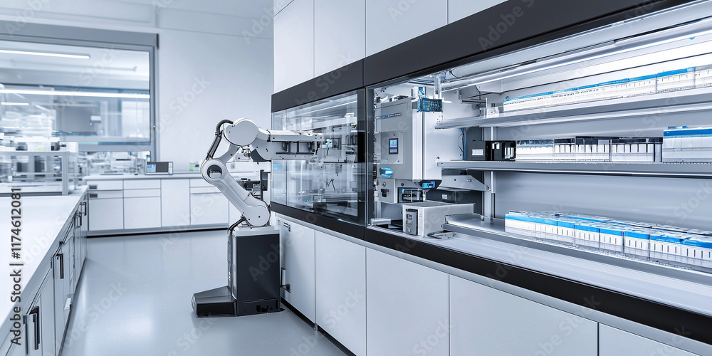 Aufkleber robotic arm operates in modern laboratory, handling samples with precision in clean, high tech environment. lab features advanced equipment and organized storage systems