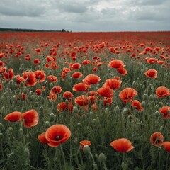 A field of vibrant red poppies stretching to meet the horizon with a white overcast sky.