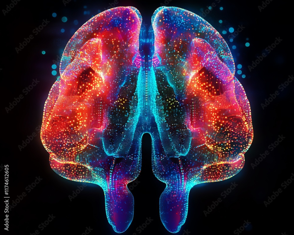 Fototapete A brain connected with vibrant circuitry patterns, digital and abstract design on a dark background, symbolizing the fusion of human intellect and advanced technology