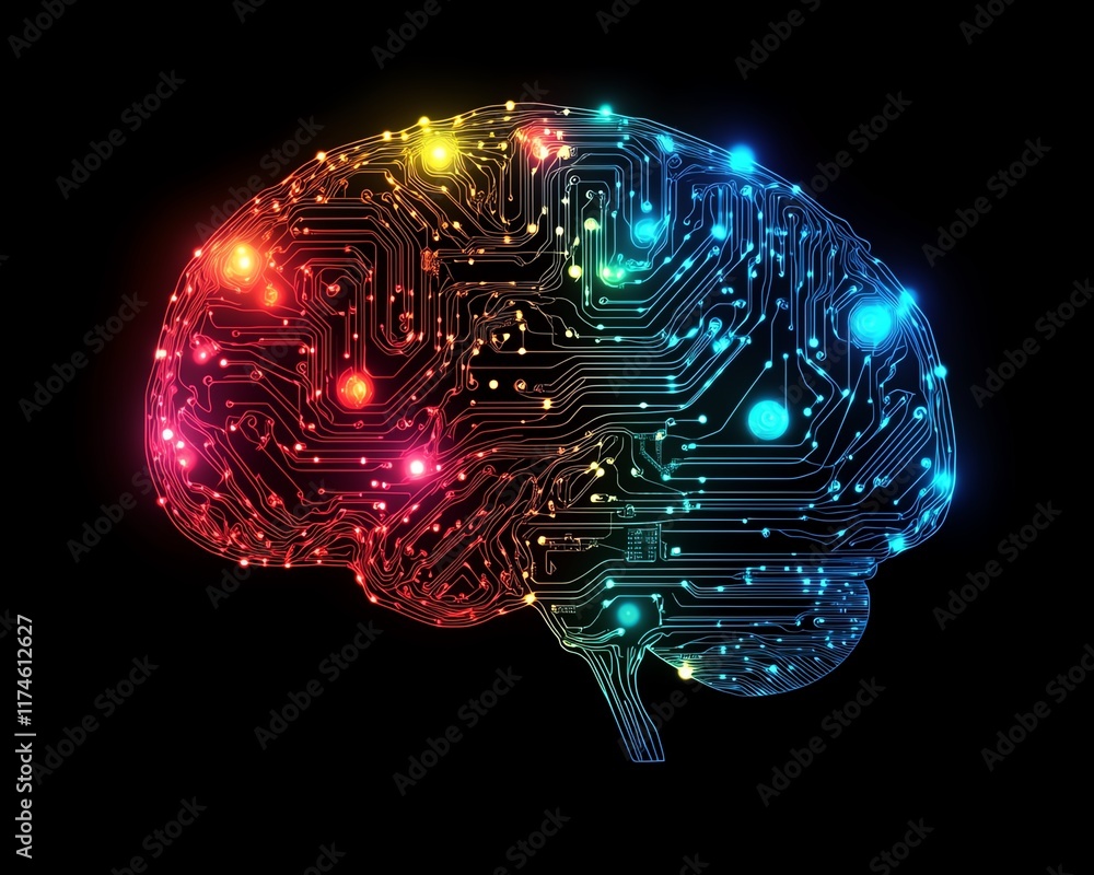 Poster A brain connected with vibrant circuitry patterns, digital and abstract design on a dark background, symbolizing the fusion of human intellect and advanced technology