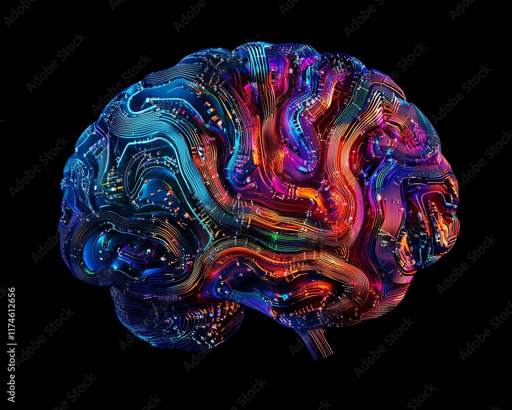 Poster A brain connected with vibrant circuitry patterns, digital and abstract design on a dark background, symbolizing the fusion of human intellect and advanced technology