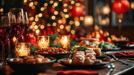 Festive Christmas Dinner Table, Food, Wine - Cozy and warm atmosphere.