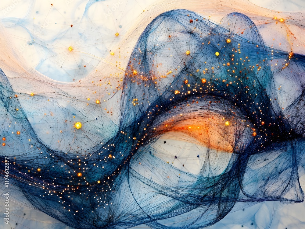 Poster an abstract wave of colors intertwining in a mesmerizing pattern, showcasing a blend of blues, orang