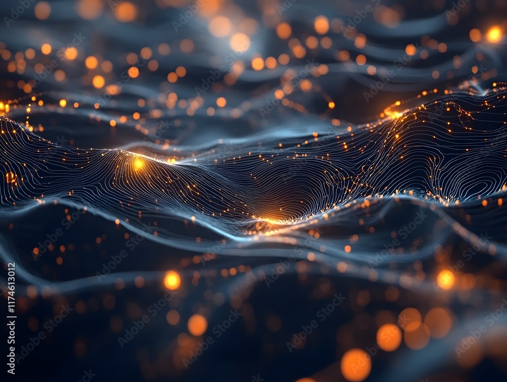 Poster dynamic abstract waves of light featuring glowing particles, creating a mesmerizing visual effect. p