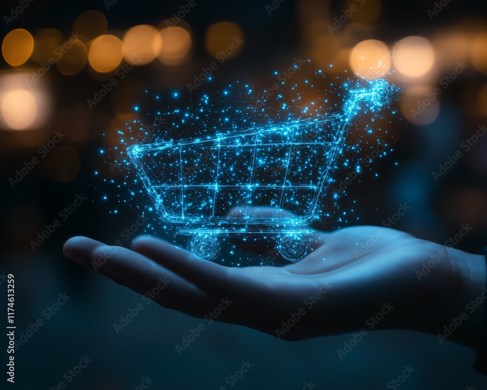 Poster a glowing blue digital shopping cart icon in a hand, dark background with bokeh lights, representing