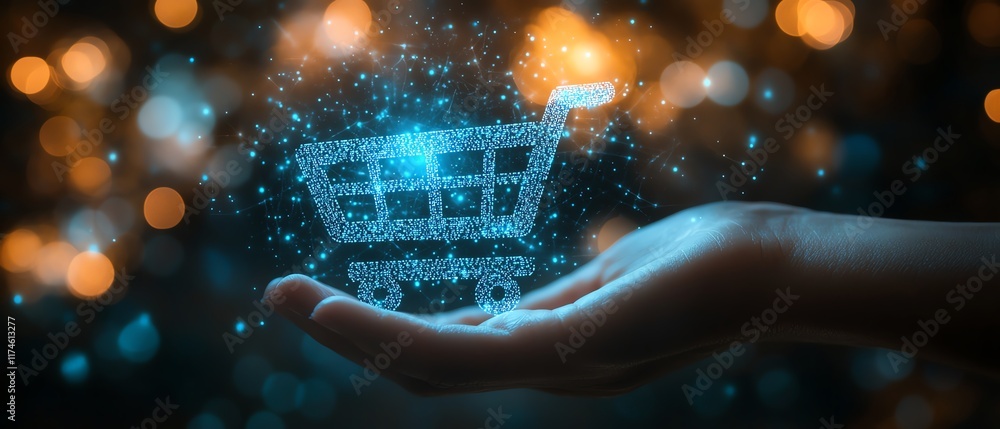 Poster a glowing blue digital shopping cart icon held by a hand, set against a dark background with bokeh l