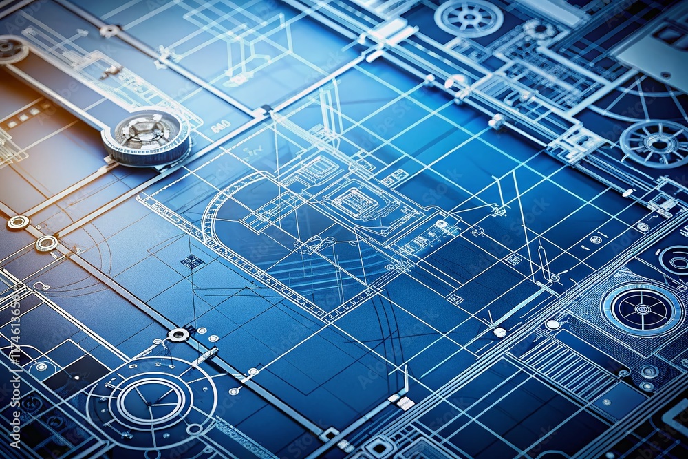 Poster detailed technical blueprint design showing engineering schematics and diagrams with copy space
