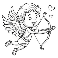 Fototapeta premium Black and white illustration of a cartoon cupid with wings, holding a heart-shaped arrow. Valentine's Day coloring page