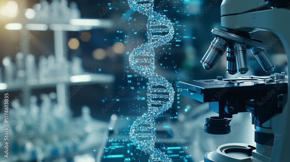 Poster Dynamic camera angle capturing holographic DNA strand in futuristic laboratory with microscope in focus, symbolizing advanced genetic research and biotechnology innovation
