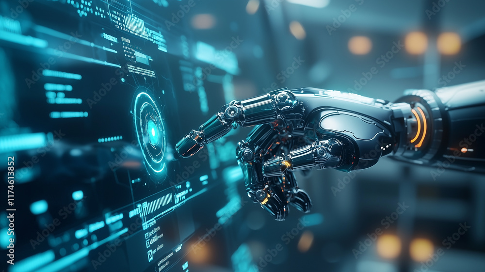 Poster robotic arm interacts with futuristic digital interface, showcasing advanced technology and innovation in artificial intelligence and automation