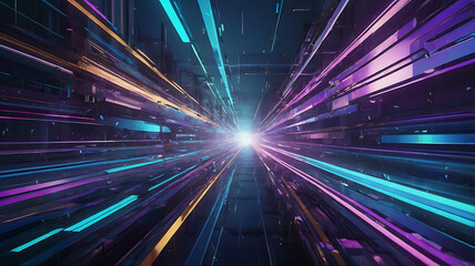 Futuristic Abstract Background with Neon Light Trails and Geometric 3D Patterns