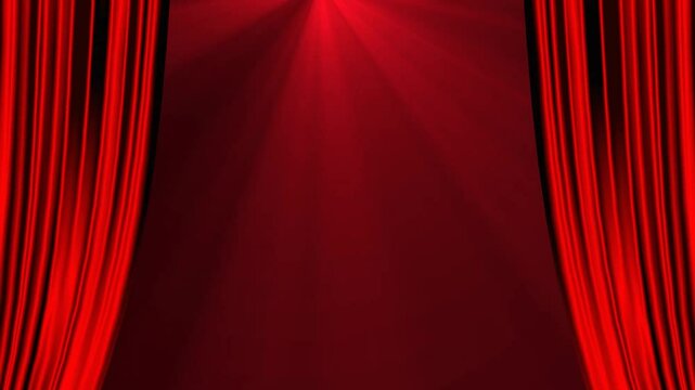 red Curtain Opening on Stage in lighting effect. Realistic red leather show stage curtain open animation with light ray. party or performance, creating Curtain opening. curtain open  on spotlight .