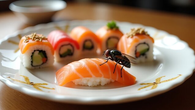 A detailed close-up of a fly perched on a raw sushi meal presented on a white plate, drawing attention to food safety concerns, contamination hazards, and unsanitary handling practices