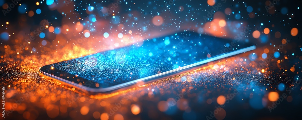Poster a smartphone with colorful light effects, blue and orange bursts of light, abstract digital art patt