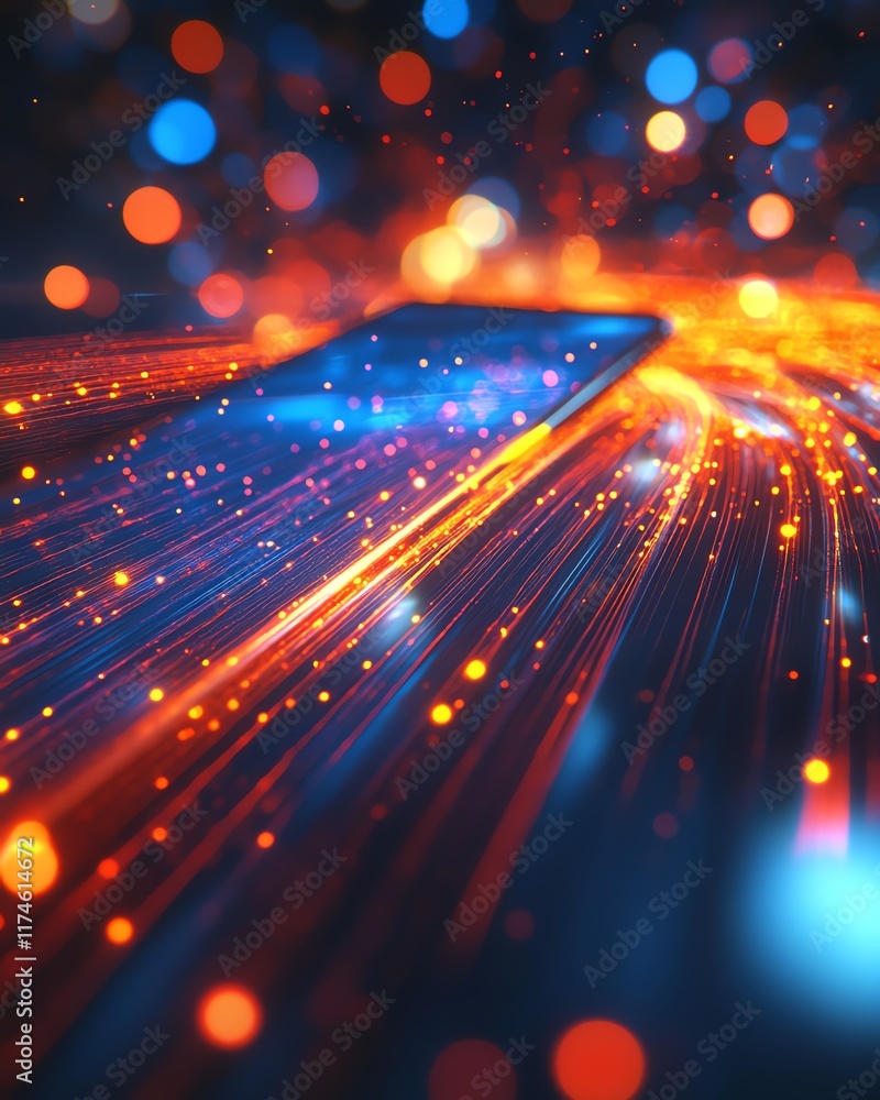Poster A smartphone with glowing light trails and colorful bokeh effects