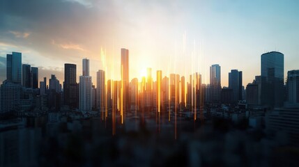 Fototapeta premium A city skyline with a sunset in the background