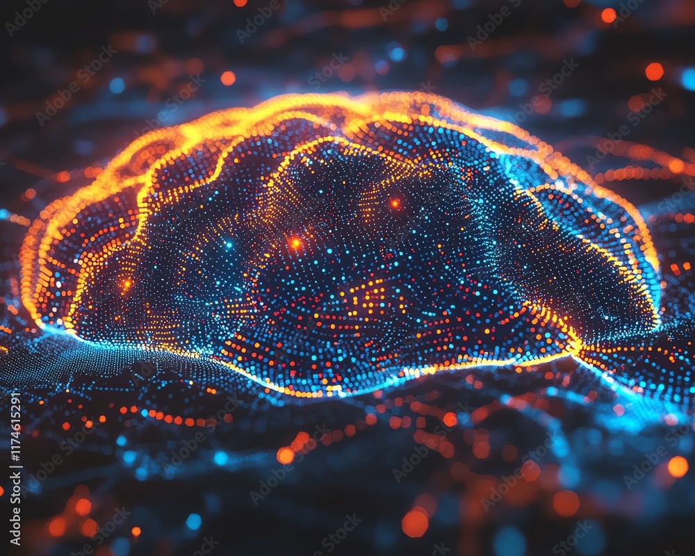 Poster Abstract brain with colorful digital circuitry patterns, dark backdrop, representing the connection between human cognition, technology, and digital networks
