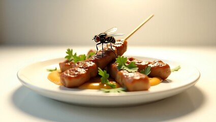 A detailed close-up of a fly perched on a satay sate meal presented on a white plate, drawing attention to food safety concerns, contamination hazards, and unsanitary handling practices