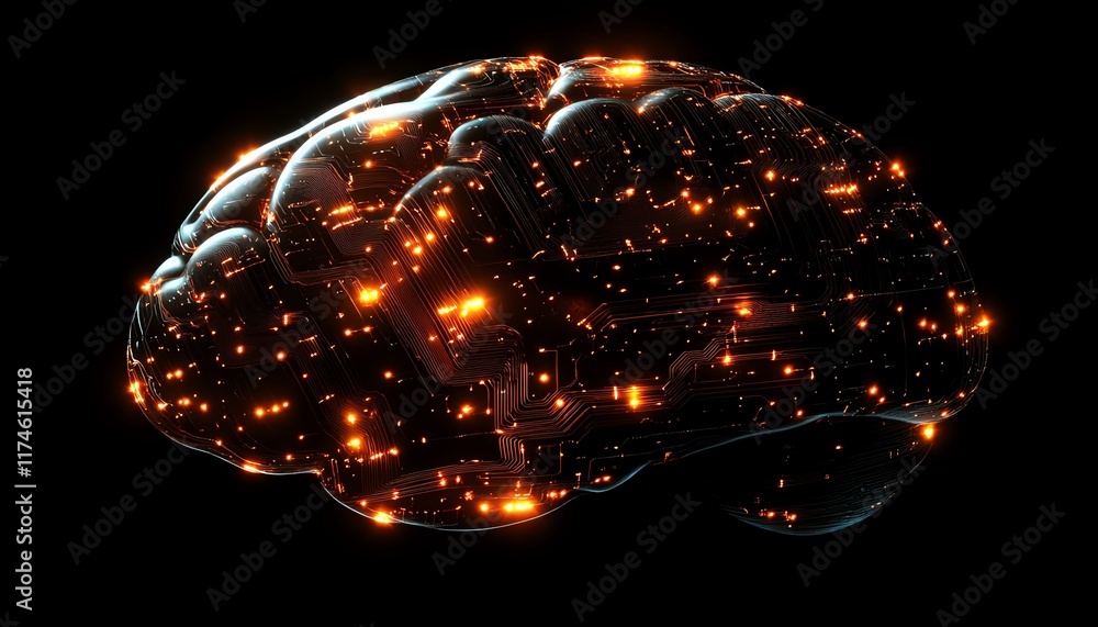 Leinwandbilder abstract brain with glowing circuitry patterns, dark background, symbolizing the integration of huma