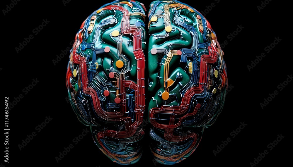 Aufkleber abstract depiction of a brain intertwined with colorful circuitry patterns, dark background, showcas
