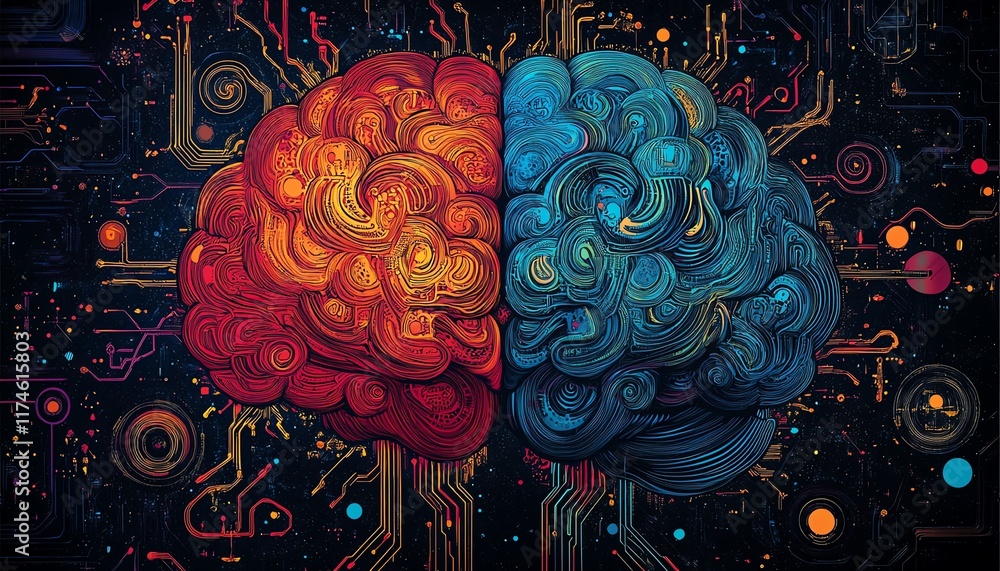 Aufkleber brain intertwined with intricate, colorful circuitry designs on a dark background, symbolizing the s