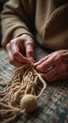 Skillful Hands Crafting Intricate Macrame Fiber Art with Textile Details