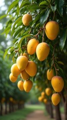 Mango Tree Laden with Golden Fruit in a Peaceful Orchard Setting