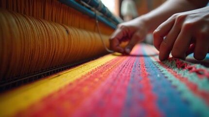 Close-Up of Hands Weaving Threads on a Traditional Handloom
