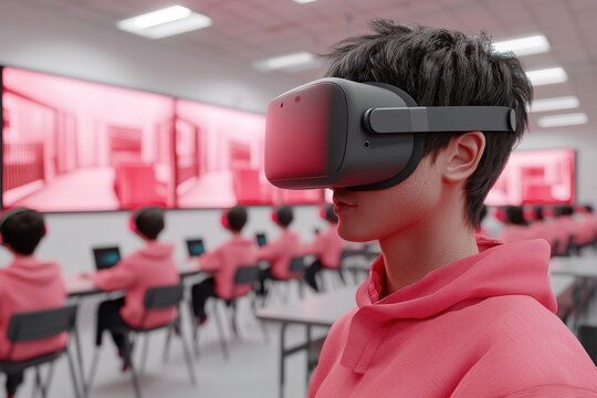 A 3D render of a virtual classroom featuring students, showcasing a modern educational environment designed for online learning. Digital Learning