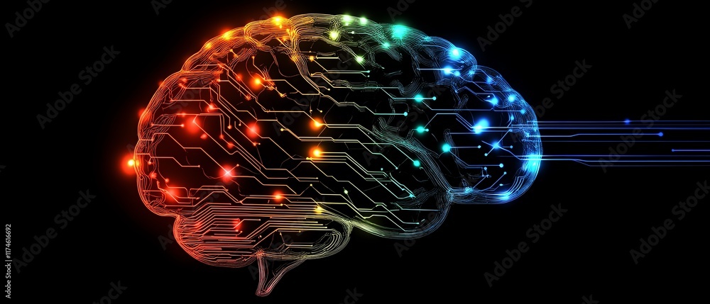 Fototapete colorful brain with digital circuitry patterns flowing through it, dark background, showcasing the c