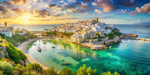 Double Exposure: Aerial Panoramic of Peschici, Puglia, Italy - Adriatic Coastline, Marina, Beach