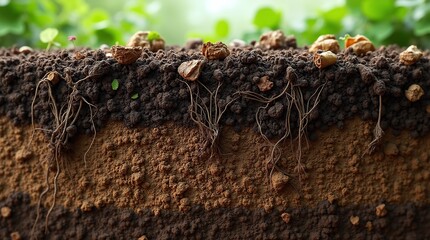 Close-Up Cross-Section of Fertile Soil with Roots and Organic Matter Insights