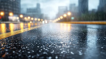 A rainy city street with a yellow line on the road