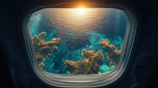 Fototapeta Aerial view of islands and ocean seen from airplane window at sunset.