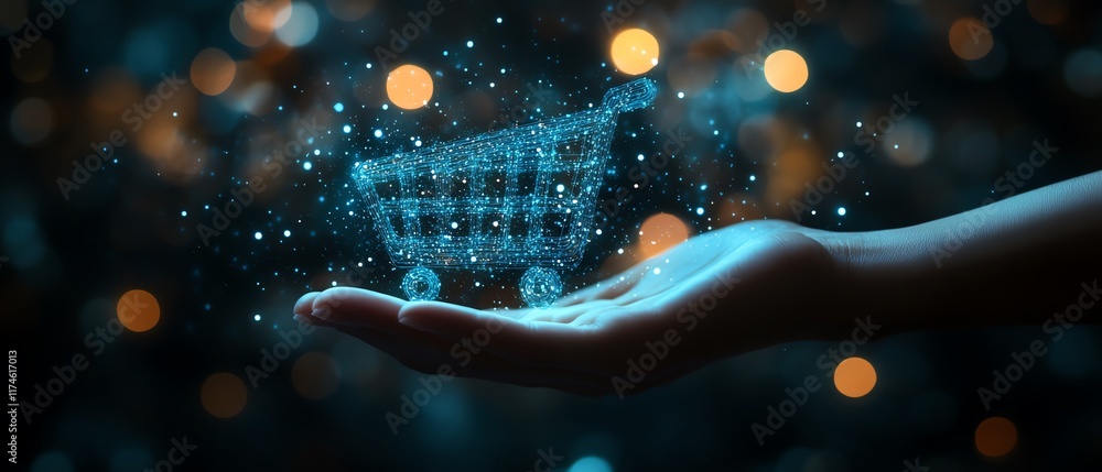 Poster digital shopping cart icon held by a hand, glowing blue on a dark background with bokeh lights, futu