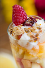 Vertical close-up of tropical fruit salad with Greek yogurt, raspberries, and granola, elegantly served in a glass cup, modern fine dining breakfast.