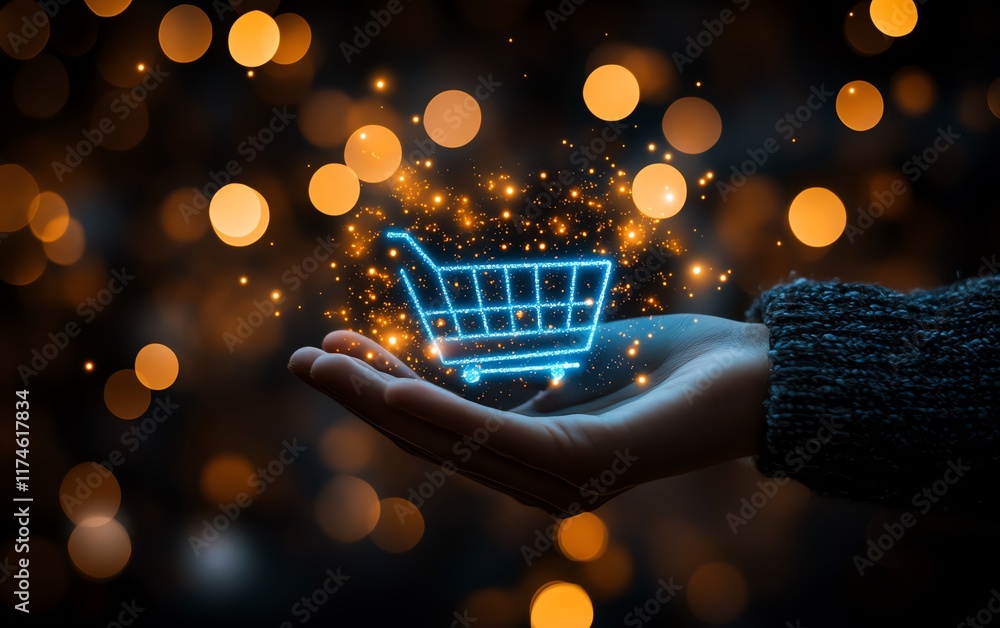 Poster hand holding a glowing blue digital shopping cart icon, dark background with bokeh lights, futuristi